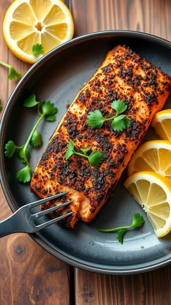 A plate of zesty blackened salmon garnished with parsley and lemon, with a rustic wooden backdrop.